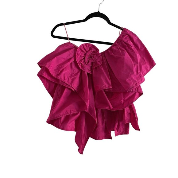 Zara Women M Fuchsia Pink 3D Rose Ruffle Asymmetric One Shoulder Voluminous Top - Picture 2 of 9